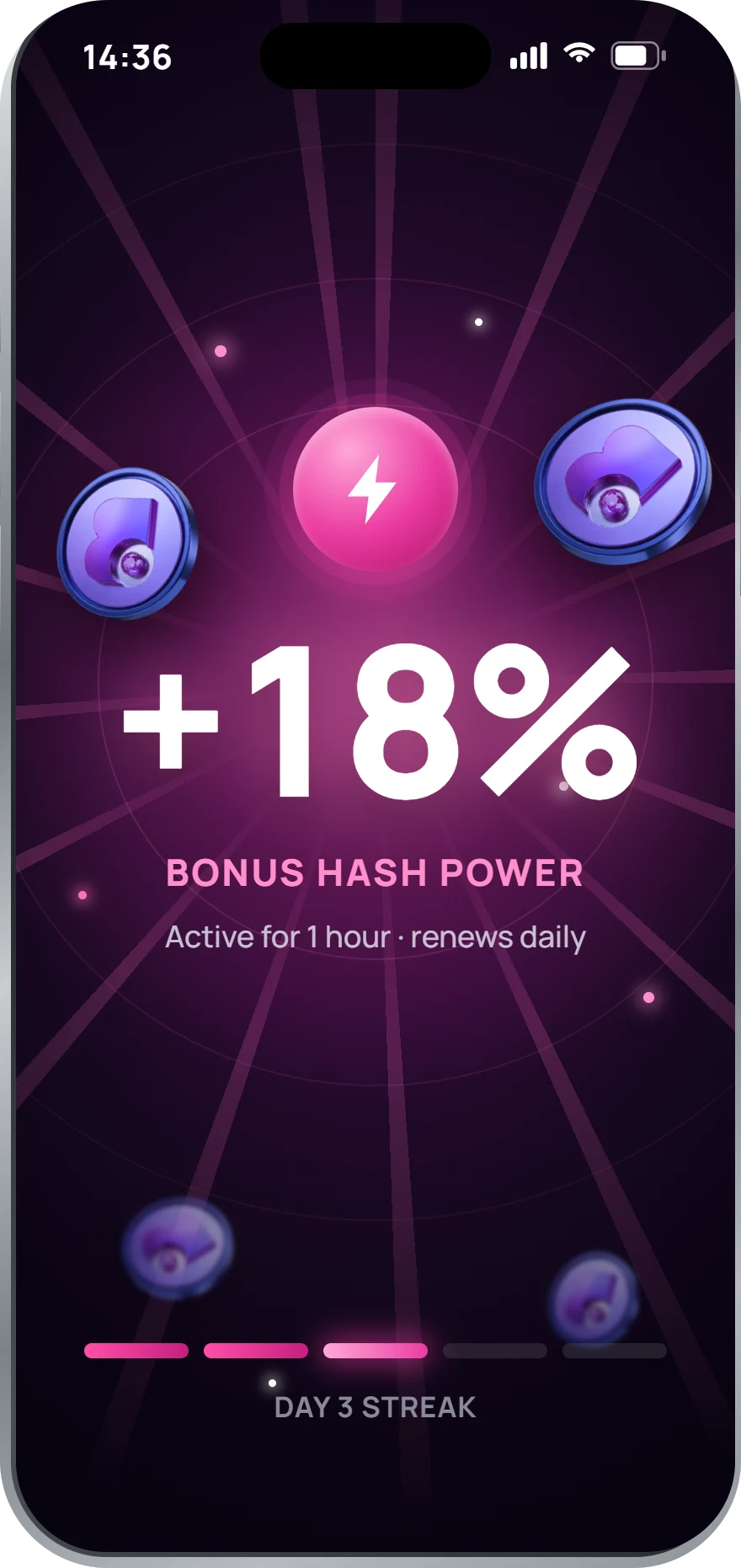 Daily bonus hash power in the B99 Mining app