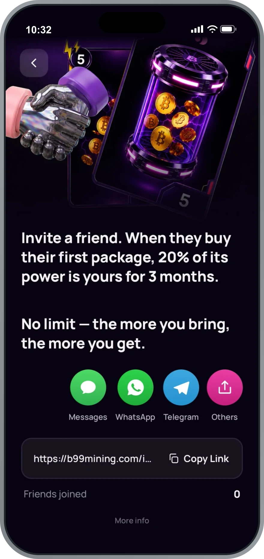 Invite Friends screen with the personal link and share buttons