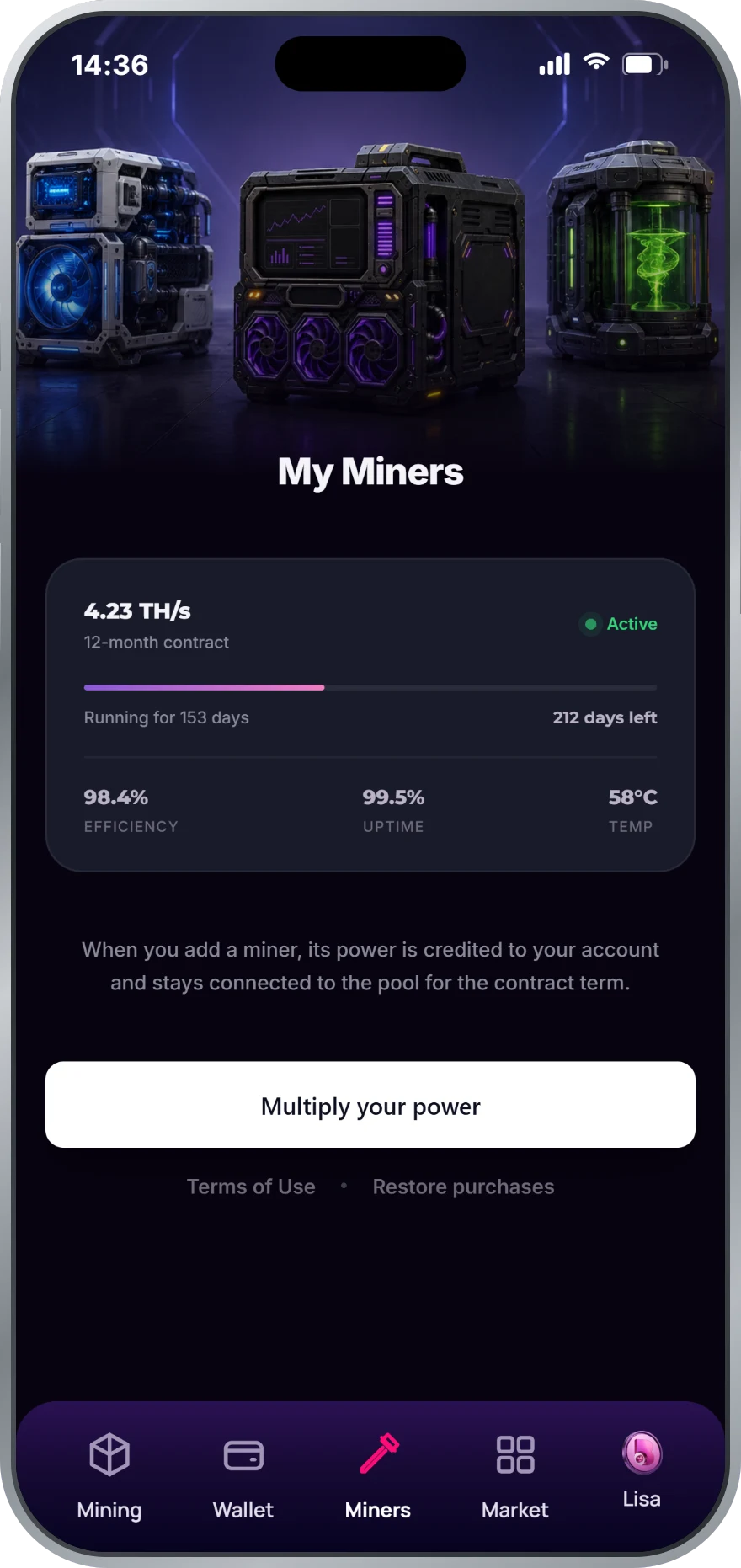 Miners with bonus hash power in the B99 Mining app